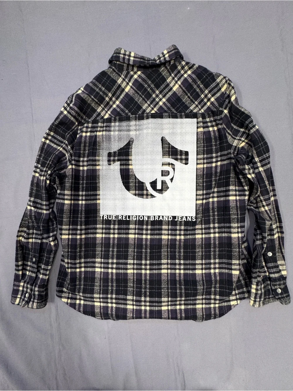 NWT True Religion Travertine Purple/Black Plaid Flannel XL Large Logo On Back 05